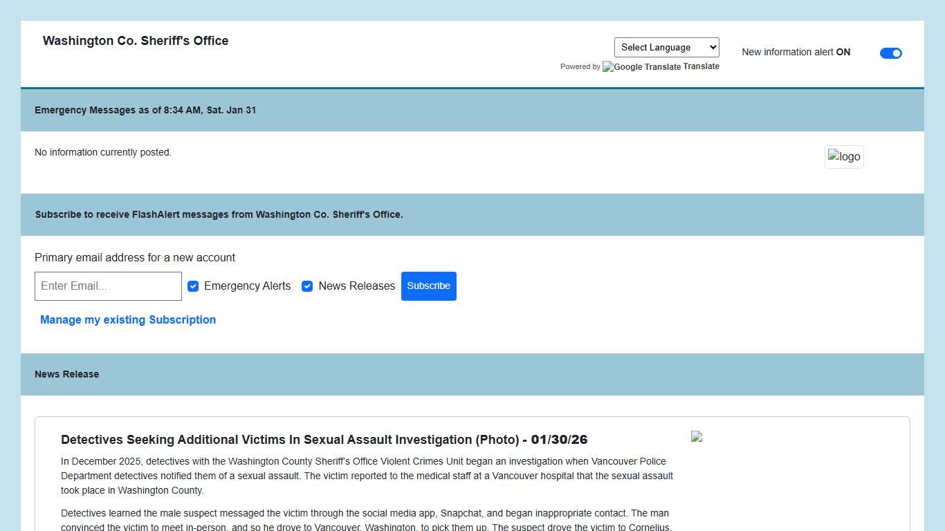 Washington Co. Sheriff's Office News via Flashalert.net