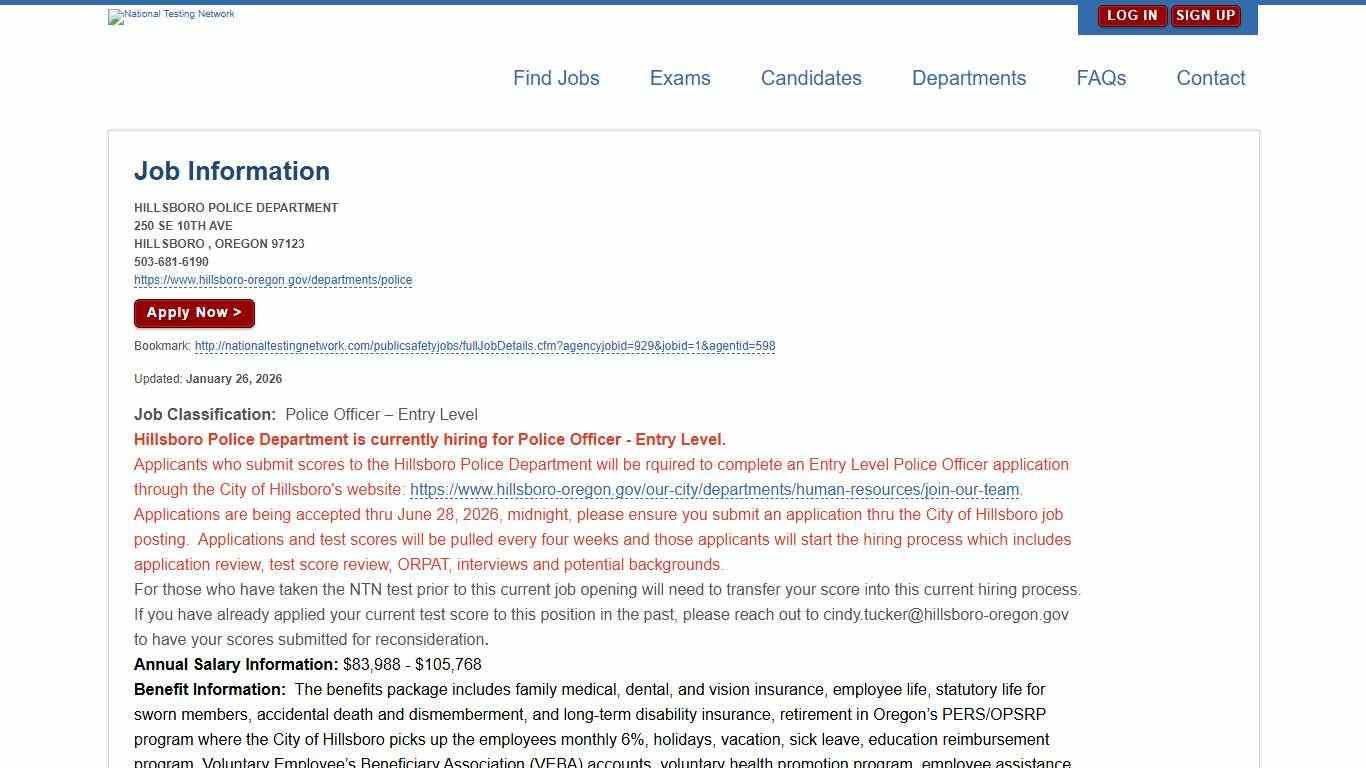 HILLSBORO POLICE DEPARTMENT Job Details National Testing Network