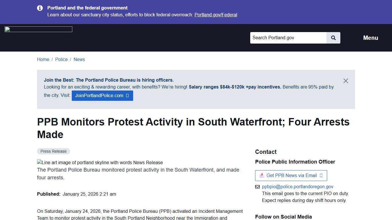 PPB Monitors Protest Activity in South Waterfront; Four Arrests Made Portland.gov